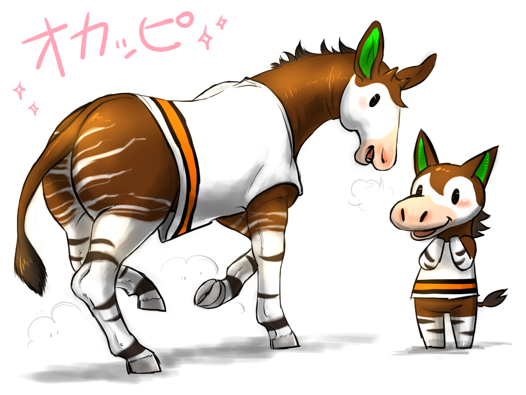 animal, animal_crossing, animal_ears, chibikemo, denmoko, nintendo, no_humans, okapi_(animal), okapi_ears, okapi_tail, open_mouth, papi_(animal_crossing), simple_background, solo, sparkle, tail, white_background