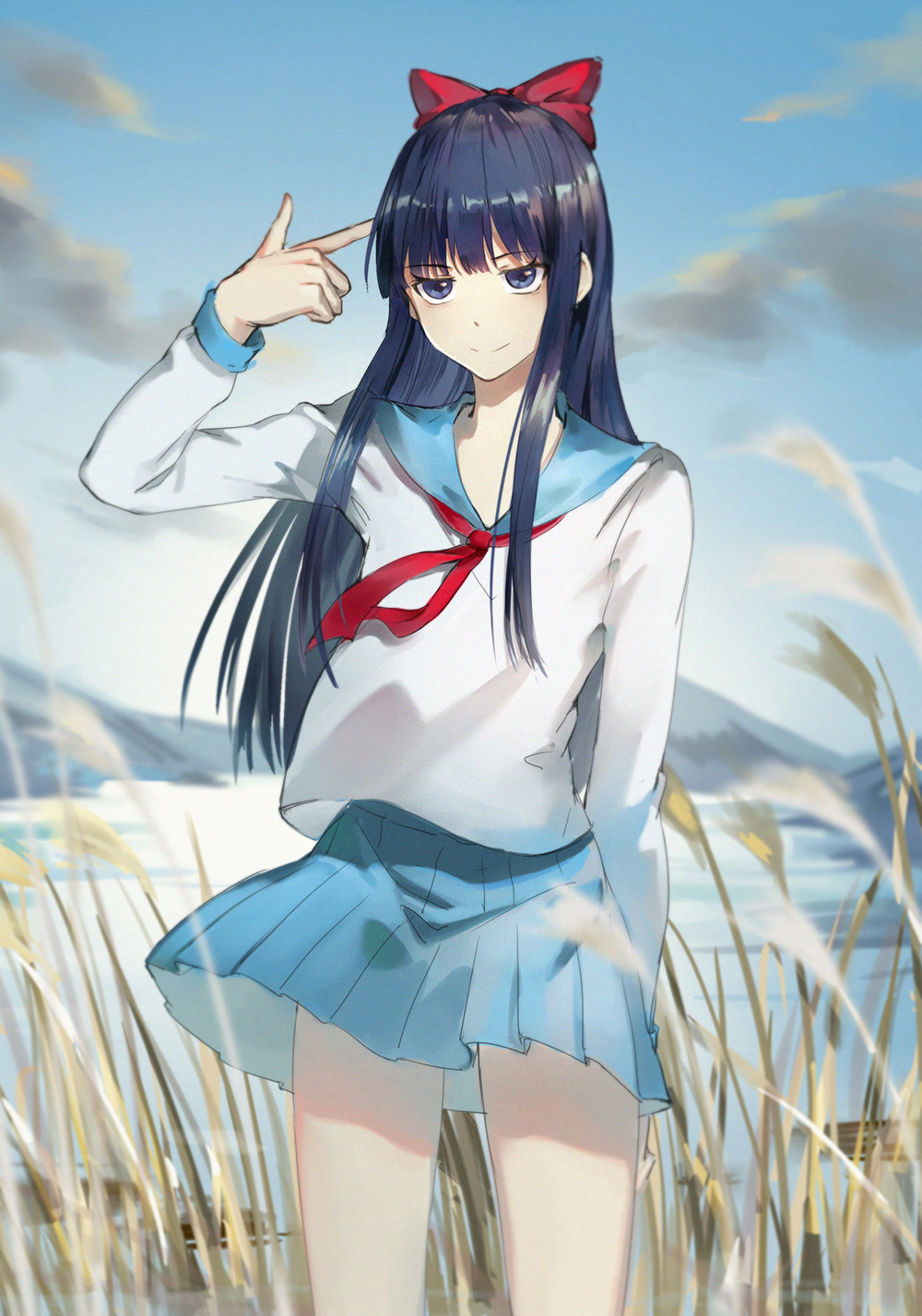 10s, 1girl, bad_id, bad_pixiv_id, blue_eyes, blue_hair, blue_skirt, blue_sky