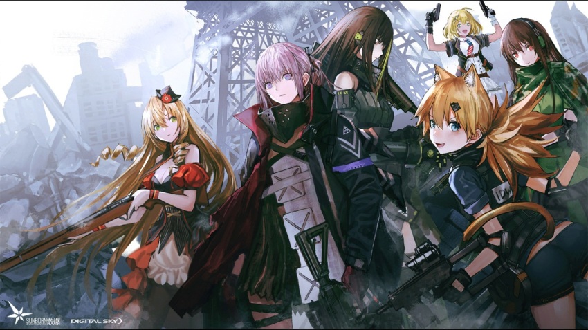 6+girls, animal_ears, blonde_hair, blue_eyes, brown_hair, bushman_ltd., dual_wielding, fn-49_(girls'_frontline)