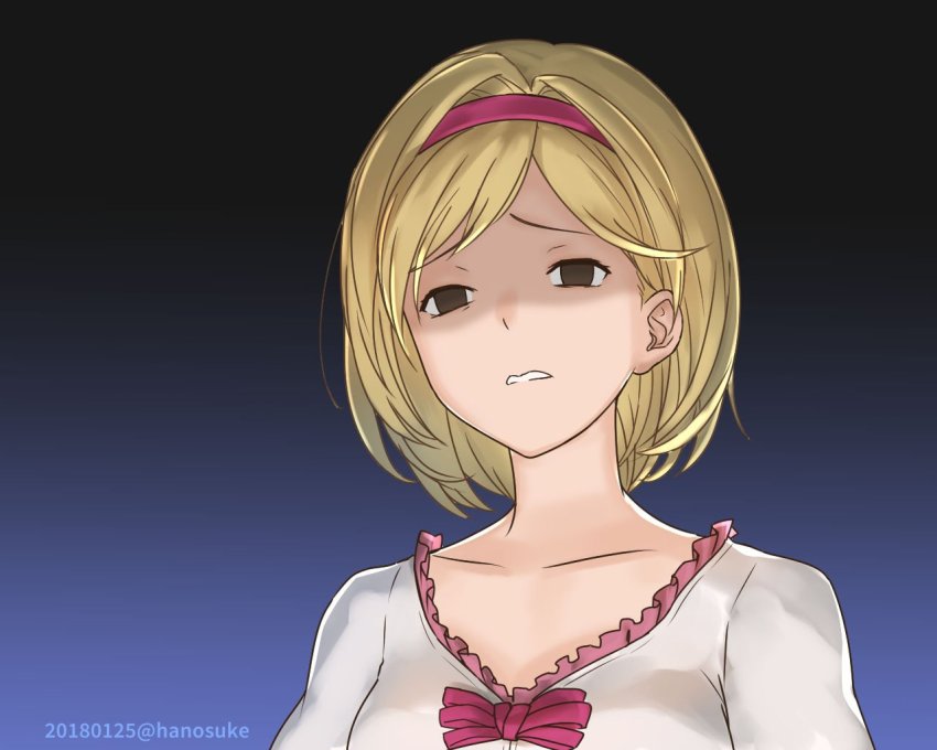 1girl, blonde_hair, brown_eyes, collarbone, disgust, djeeta_(granblue_fantasy), empty_eyes, female_focus