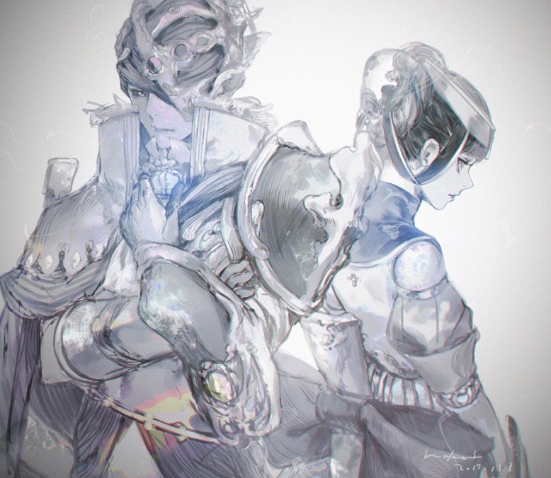 1boy, 1girl, armor, azami_(xenoblade), dagas_(xenoblade), doll, dress, hair_bun