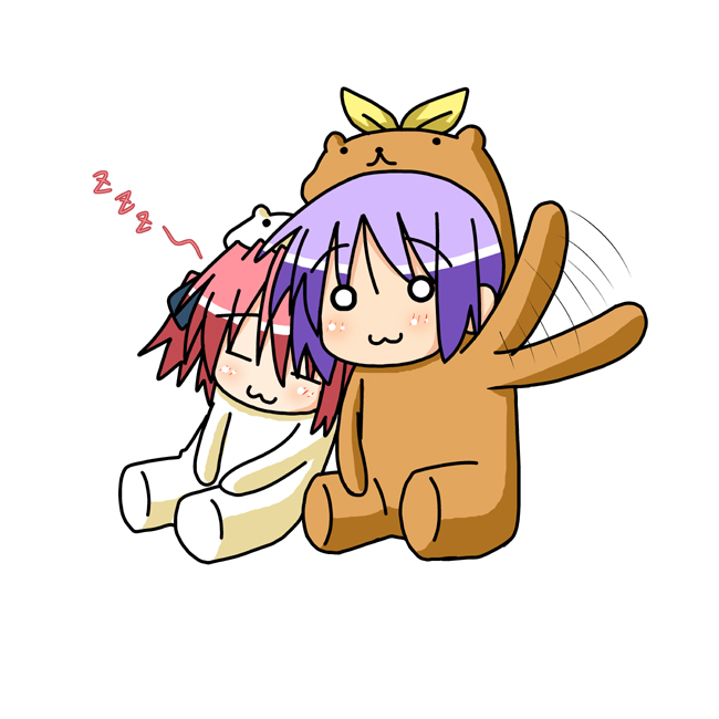 00s, 2girls, :3, animal_costume, bear_costume, bear_tsukasa, bear_yutaka, capybara-san