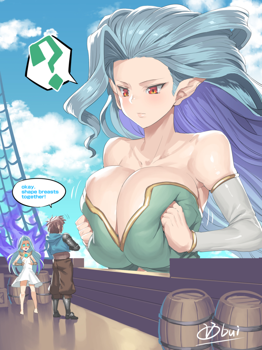 1boy, 2girls, ?, artist_name, big_hair, blue_hair, breasts_squeezed_together, breasts, cleavage, cloud, collarbone, commentary, day, detached_sleeves, english_text, engrish_text, giant, giantess, gran_(granblue_fantasy), granblue_fantasy, highres, huge_breasts, jitome, long_hair, looking_at_viewer, looking_down, lyria_(granblue_fantasy), multiple_girls, obui, pointy_ears, ranguage, red_eyes, shaded_face, signature, sky, solo_focus, spoken_question_mark, surprised, tiamat_(granblue_fantasy), white_sleeves