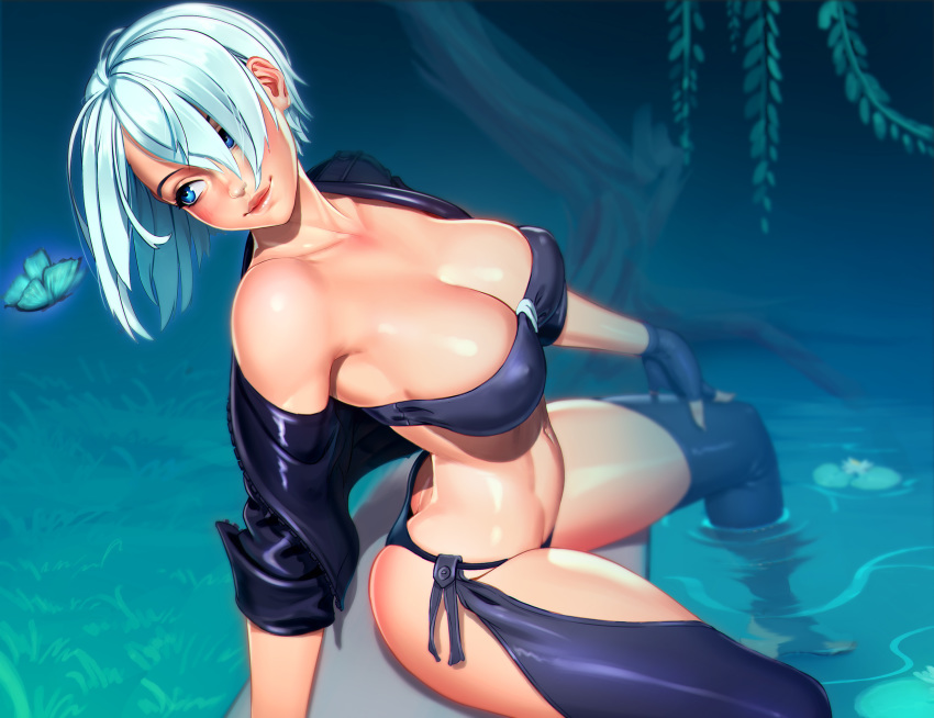 1girl, absurdres, angel_(kof), ass, bandeau, bare_shoulders, blue_butterfly, blue_eyes, breasts, bug, butt_crack, butterfly, cleavage, collarbone, female_focus, fingerless_gloves, gloves, grass, hair_over_one_eye, head_tilt, highres, huge_ass, huge_breasts, insect, jacket, large_breasts, lips, nikichen, nipples, panties, short_hair, sitting, smile, snk, solo, spread_legs, the_king_of_fighters, thick_thighs, thighs, underwear, water, wet, white_hair