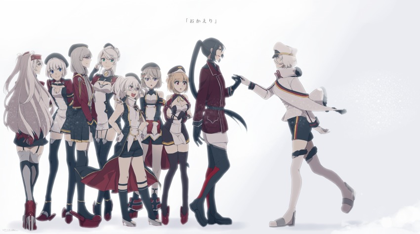 6+girls, aqua_eyes, azur_lane, beret, black_gloves, black_hair, black_legwear, blonde_hair