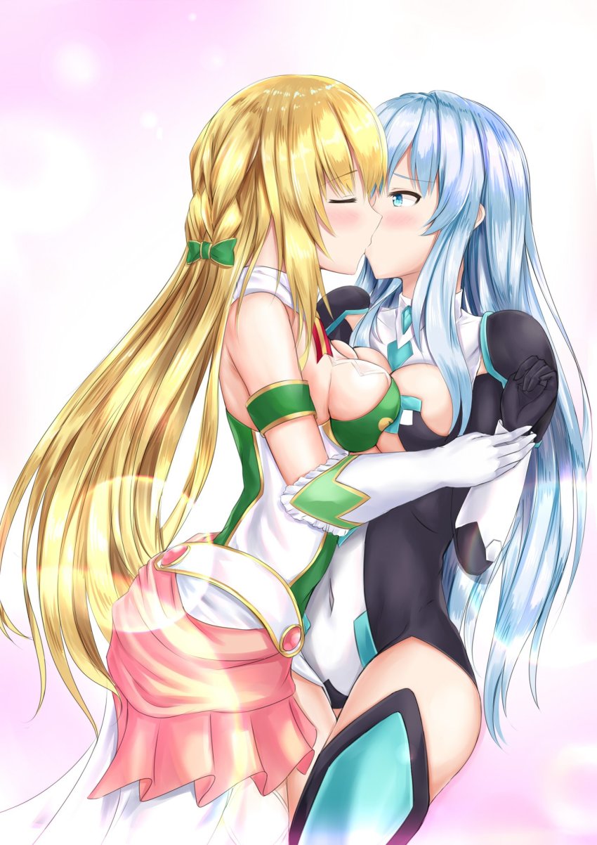 2girls, artist_request, bare_shoulders, blonde_hair, blue_eyes, blue_hair, blush, breast_press, breasts, closed_eyes, covered_navel, dress, gloves, highres, image_sample, kiseijou_rei, kiseijou_rei_(goddess_form), kiss, large_breasts, long_hair, looking_at_viewer, multiple_girls, neptune_(series), sleeveless, smile, solo, symmetrical_docking, twitter_sample, vert_(neptunia), very_long_hair, white_gloves, yuri