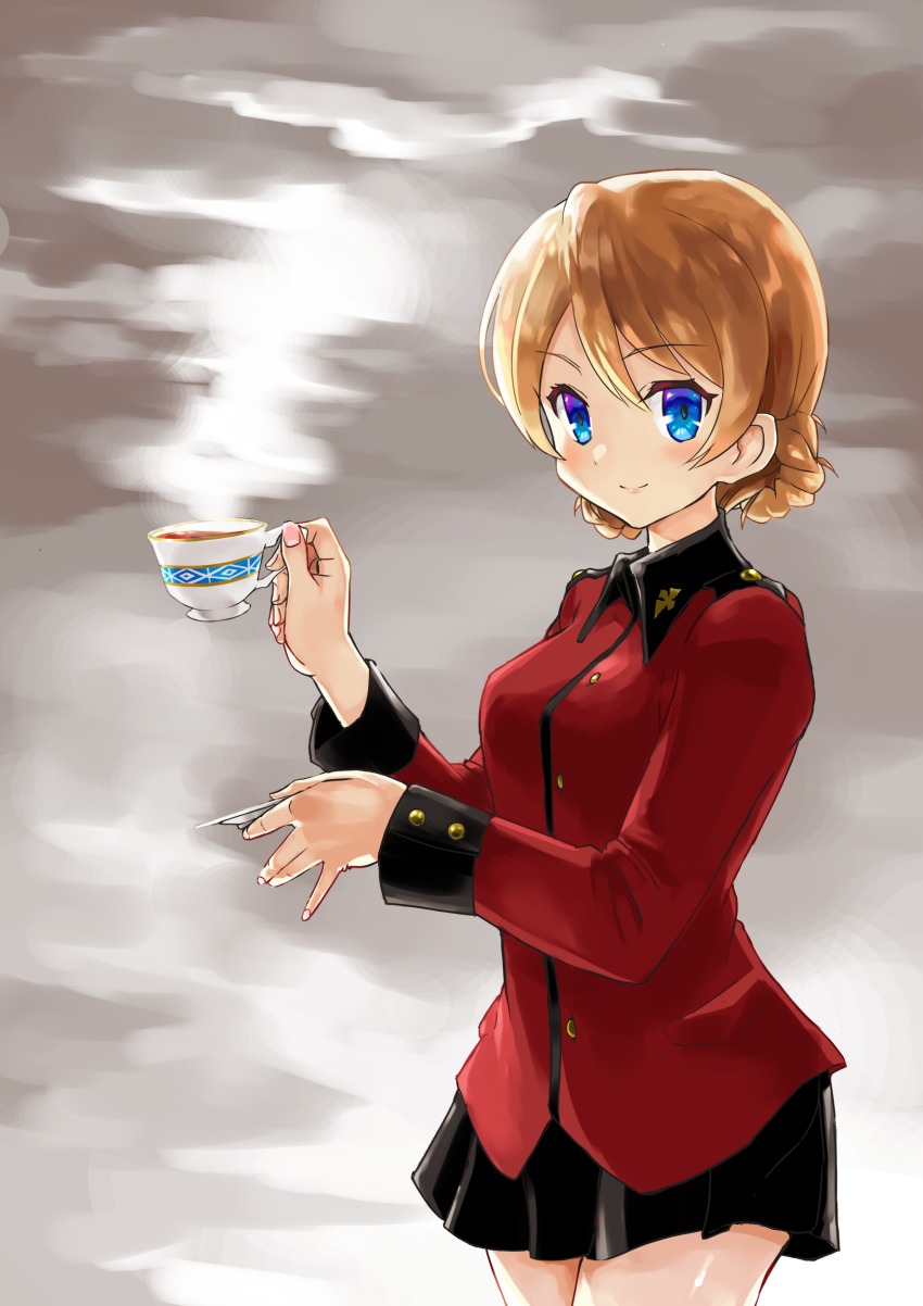 10s, 1girl, absurdres, black_skirt, blonde_hair, blue_eyes, braid, closed_mouth, commentary_request, cowboy_shot, cup, darjeeling_(girls_und_panzer), epaulettes, female_focus, girls_und_panzer, grey_background, highres, holding, jacket, long_sleeves, looking_at_viewer, military, military_uniform, miniskirt, omotyazukiyasan, pleated_skirt, red_jacket, short_hair, skirt, smile, solo, st._gloriana's_military_uniform, standing, steam, teacup, twin_braids, w