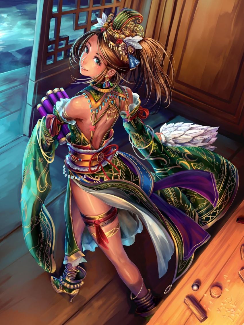 1girl, bare_shoulders, brown_hair, chinese_clothes, daisenran!!_sangokushi_battle, detached_sleeves, earrings, female_focus