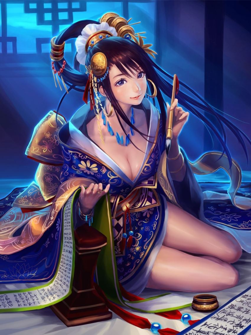 1girl, bracelet, breasts, brown_hair, cai_wenji, chinese_clothes, cleavage, daisenran!!_sangokushi_battle, earrings, female_focus, full_body, hair_ornament, highres, hoop_earrings, jewelry, long_hair, looking_at_viewer, necklace, noeldon, paintbrush, purple_eyes, scroll, sitting, smile, solo, thighs