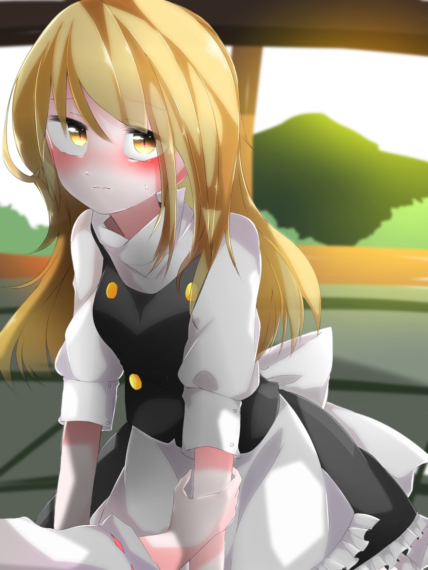 2girls, apron, blonde_hair, blouse, blush, breasts, commentary, detached_sleeves