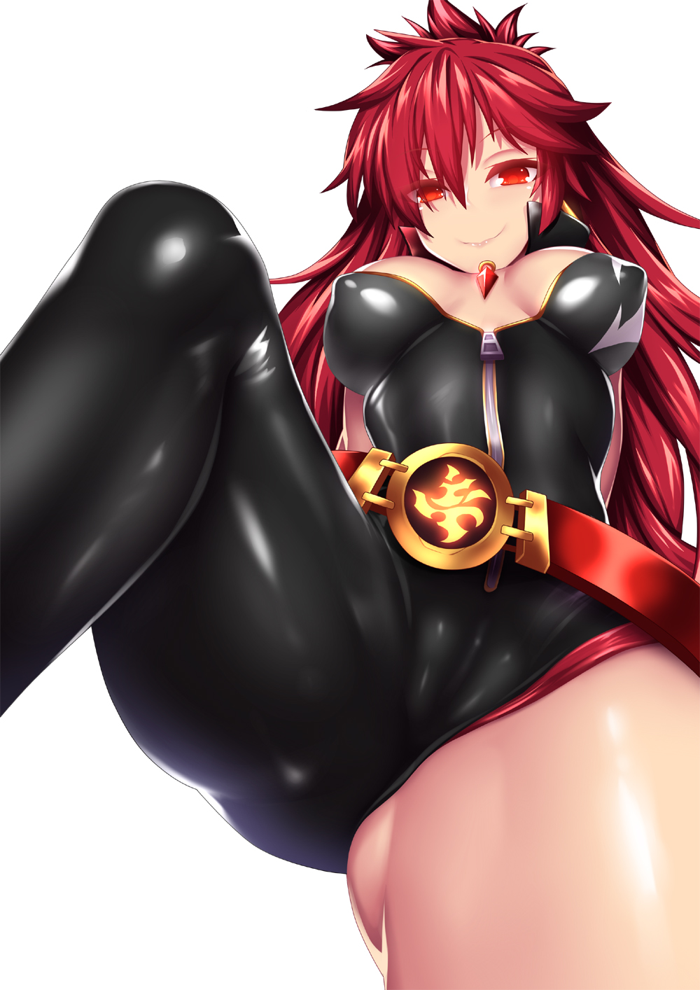 1girl, asymmetrical_legwear, bare_legs, belt, biker_clothes, bikesuit, black_legwear, bodysuit, breasts, cameltoe, closed_mouth, commentary, covered_erect_nipples, dutch_angle, elesis_(elsword), elsword, eyes_visible_through_hair, female_focus, fi-san, flame_lord_(elsword), glowing, hair_between_eyes, high_collar, highres, impossible_clothes, jewelry, knee_up, long_hair, looking_at_viewer, looking_down, medium_breasts, pendant, red_eyes, red_hair, simple_background, skin_tight, smile, solo, uneven_legwear, zipper