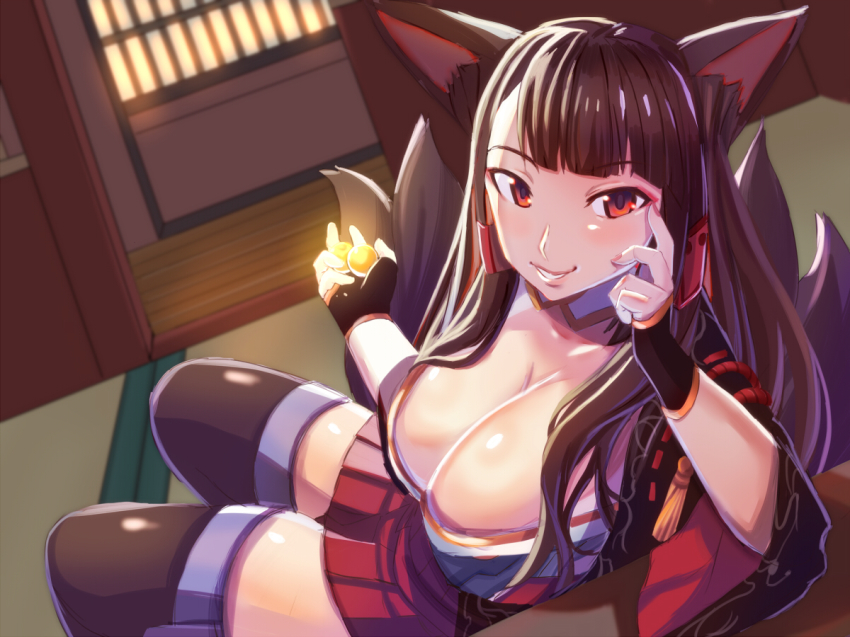 1girl, akagi_(azur_lane), animal_ears, azur_lane, bad_id, bad_pixiv_id, black_thighhighs, breasts, cleavage, female_focus, fox_ears, fox_tail, hima_hijiki, japanese_clothes, large_breasts, looking_at_viewer, multiple_tails, red_eyes, red_skirt, sitting, skirt, smile, solo, tail, thighhighs