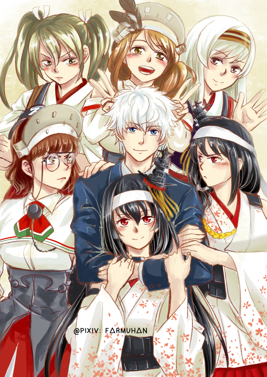 1boy, 6+girls, :d, absurdres, admiral_(kancolle), arm_hug, artist_name, black_hair