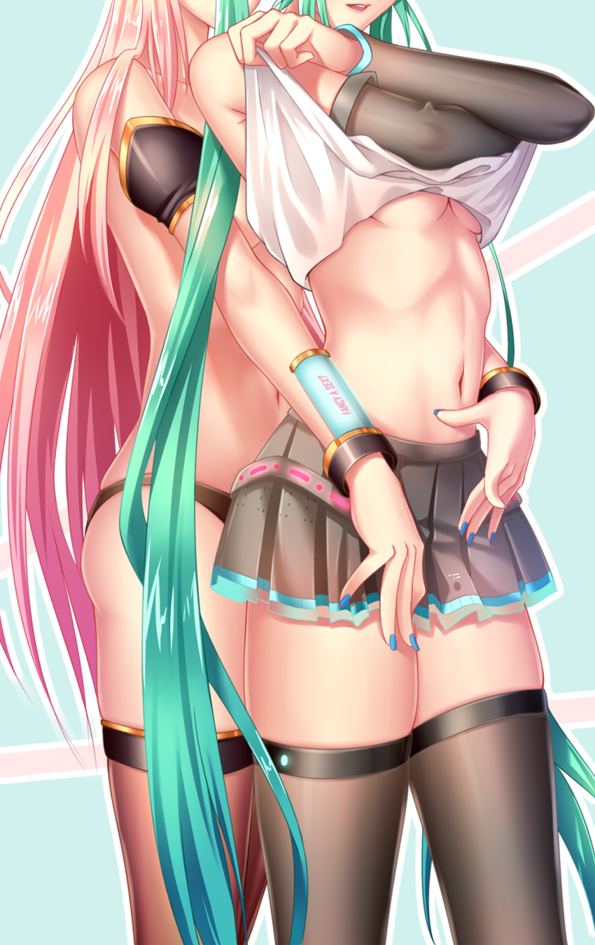 2girls, black_legwear, black_panties, blouse, blue_background, clothes_lift, cowboy_shot, detached_sleeves, english_text, fingernails, geduan, green_hair, hatsune_miku, hatsune_miku_(vocaloid4), head_out_of_frame, highres, lifting_own_clothes, long_fingernails, long_hair, megurine_luka, megurine_luka_(vocaloid4), miniskirt, multiple_girls, nail_polish, navel, panties, pink_hair, shirt, shirt_lift, skirt, standing, stomach, thighhighs, topless_female, twintails, underwear, underwear_only, very_long_hair, vocaloid, white_shirt, yuri