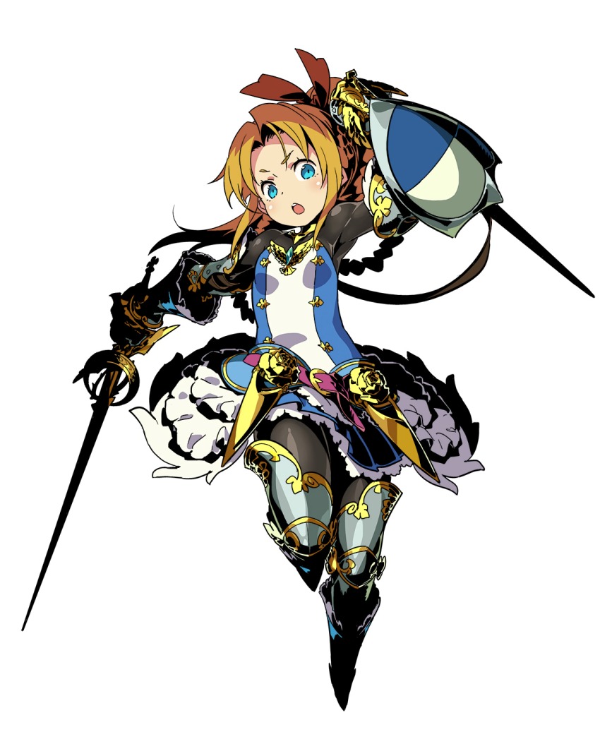 1girl, :o, arm_up, armor, armored_boots, blonde_hair, blue_eyes, boots, braid, buckler, etrian_odyssey, female_focus, fencer_(sekaiju), fencer_4_(sekaiju), french_braid, gauntlets, highres, himukai_yuuji, holding, holding_sword, holding_weapon, looking_at_viewer, official_art, open_mouth, shield, simple_background, skirt, solo, sword, teeth, thigh_boots, thighhighs, upper_teeth_only, weapon, white_background