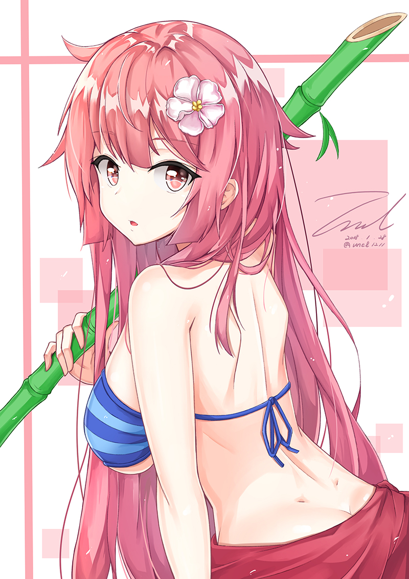 1girl, arm_at_side, bamboo, bamboo_shoot, blush, breasts, butt_crack, dated