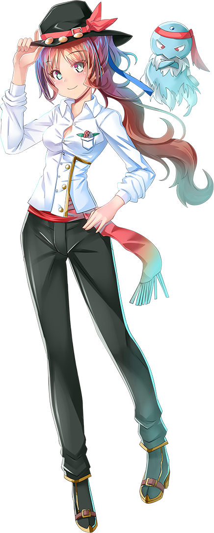 1girl, artist_request, black_footwear, black_hat, black_pants, breast_pocket, breasts, crossdressing