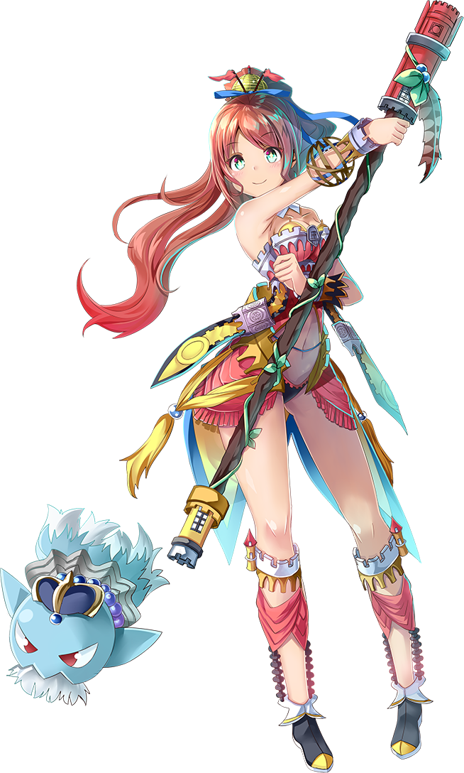 1girl, artist_request, bare_shoulders, black_footwear, blue_ribbon, breasts, collarbone, dress, female_focus, full_body, gluteal_fold, green_eyes, hair_ornament, hair_ribbon, holding, holding_staff, long_hair, looking_at_viewer, medium_breasts, midriff, navel, official_art, oshiro_project:re, pena_palace_(oshiro_project), ponytail, red_hair, ribbon, sleeveless, sleeveless_dress, smile, solo, staff, star-shaped_pupils, star_(symbol), symbol-shaped_pupils, transparent_background