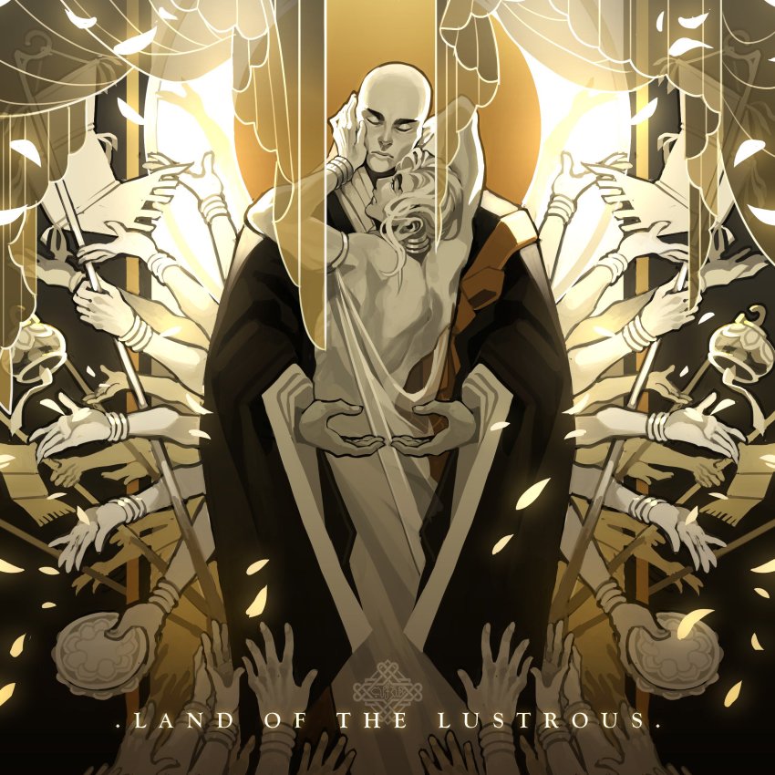 1boy, absurdres, androgynous, bald, closed_mouth, colored_skin, copyright_name, curtains, closed_eyes, hand_on_another's_face, highres, houseki_no_kuni, japhers, kongou_sensei, monk, moon_king, see-through_clothes, spoilers, tsuki_jin, white_hair, white_skin