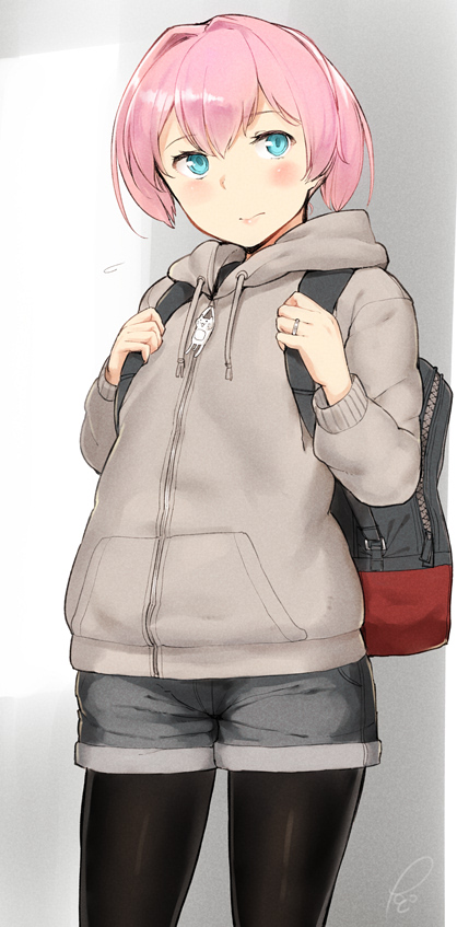 1girl, alternate_costume, backpack, bag, black_pantyhose, blue_eyes, cat_zipper, cowboy_shot