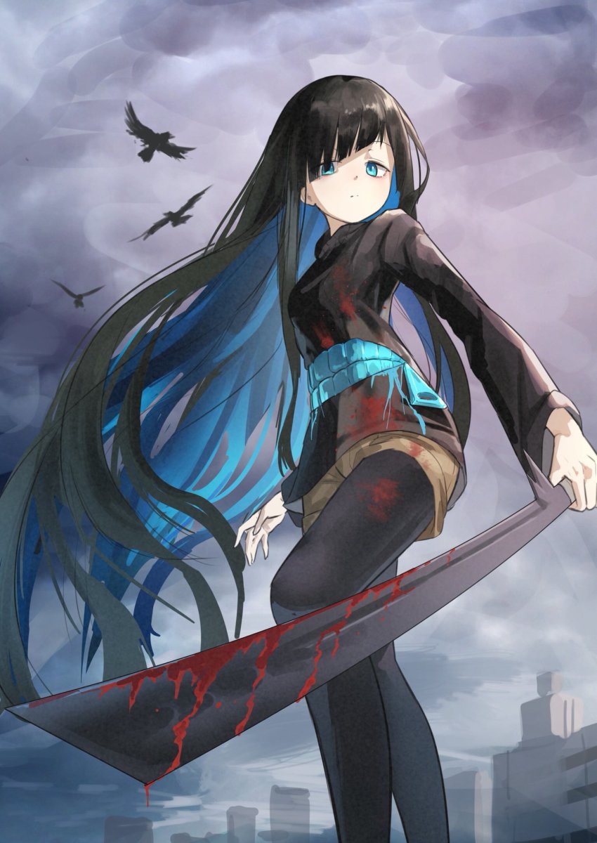 1girl, ari_hinoko, bird, black_hair, black_pantyhose, black_sweater, blood, blue_eyes