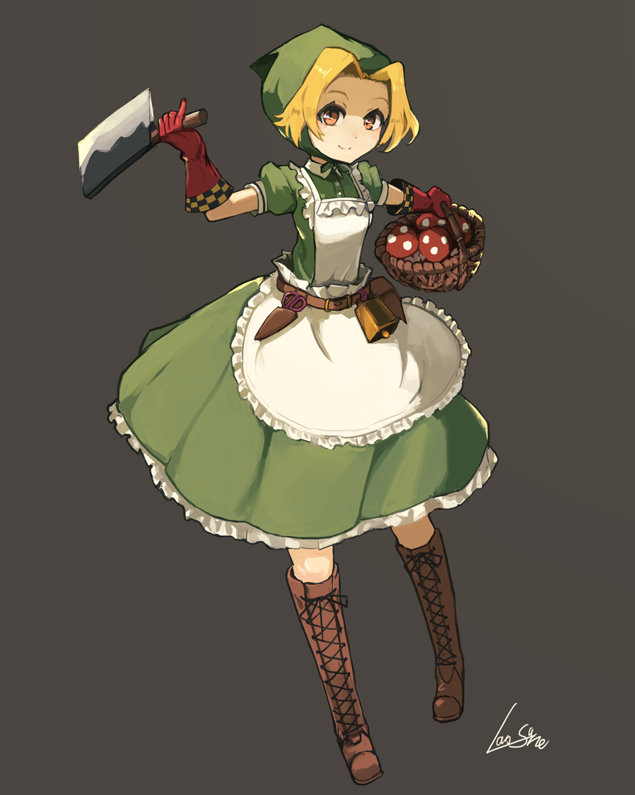 1girl, apron, artist_name, basket, bell, belt, belt_pouch, blonde_hair