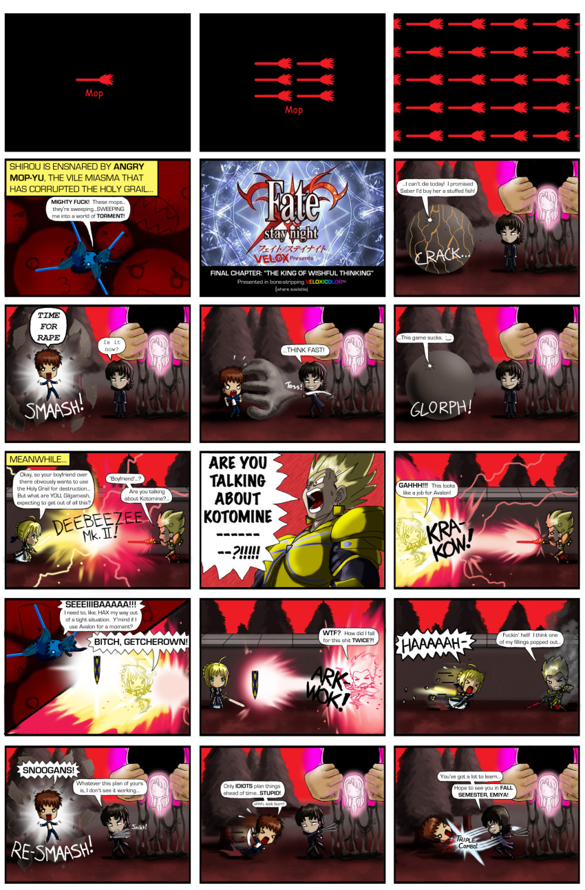 24_(series), 2girls, 3boys, are_you_talking_about_kuririn, artoria_pendragon_(fate), comic, dragon_ball, emiya_shirou, fate/stay_night, fate_(series), gilgamesh_(fate), goatse, hard-translated, highres, illyasviel_von_einzbern, kotomine_kirei, multiple_boys, multiple_girls, parody, saber_(fate), style_parody, summary, third-party_edit, unlimited_essay_works, velox