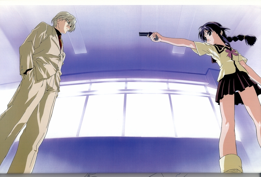 1boy, 1girl, aiming, andou_mahoro, android, blue_hair, braid, ceiling, ceiling_light, formal_clothes, from_below, green_eyes, gun, handgun, hands_in_pockets, highres, indoors, long_hair, mahoromatic, panties, pantyshot, pleated_skirt, ryuuga_tou, school_uniform, serafuku, shirt, short_hair, short_sleeves, single_braid, skirt, socks, standing, teacher, underwear, watermark, weapon, web_address, white_hair, white_panties, window, yellow_legwear, yellow_shirt