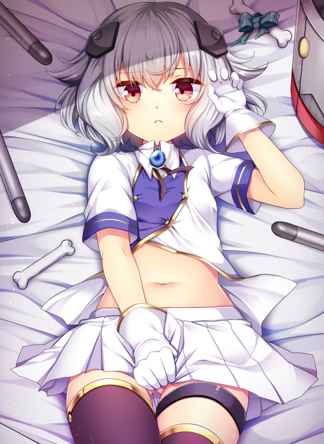 1girl, :c, agekichi_(heart_shape), asymmetrical_legwear, azur_lane, bad_id, bad_pixiv_id, bed_sheet