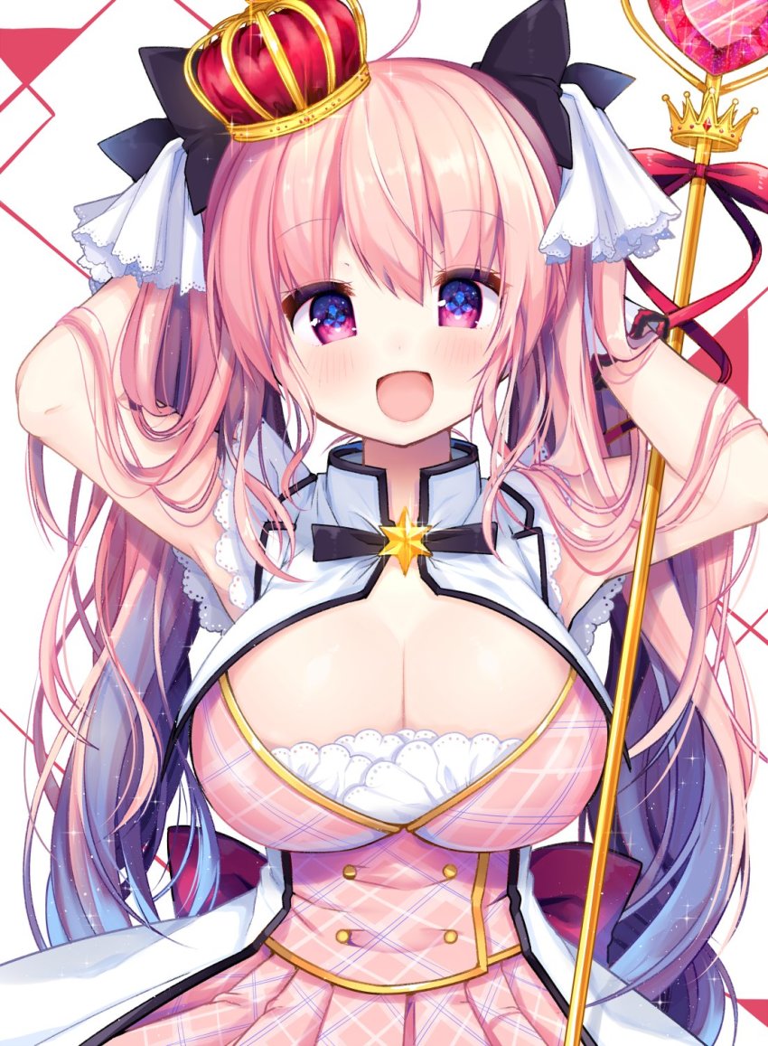 1girl, arms_up, bemani, black_ribbon, breasts, cleavage, crown, female_focus