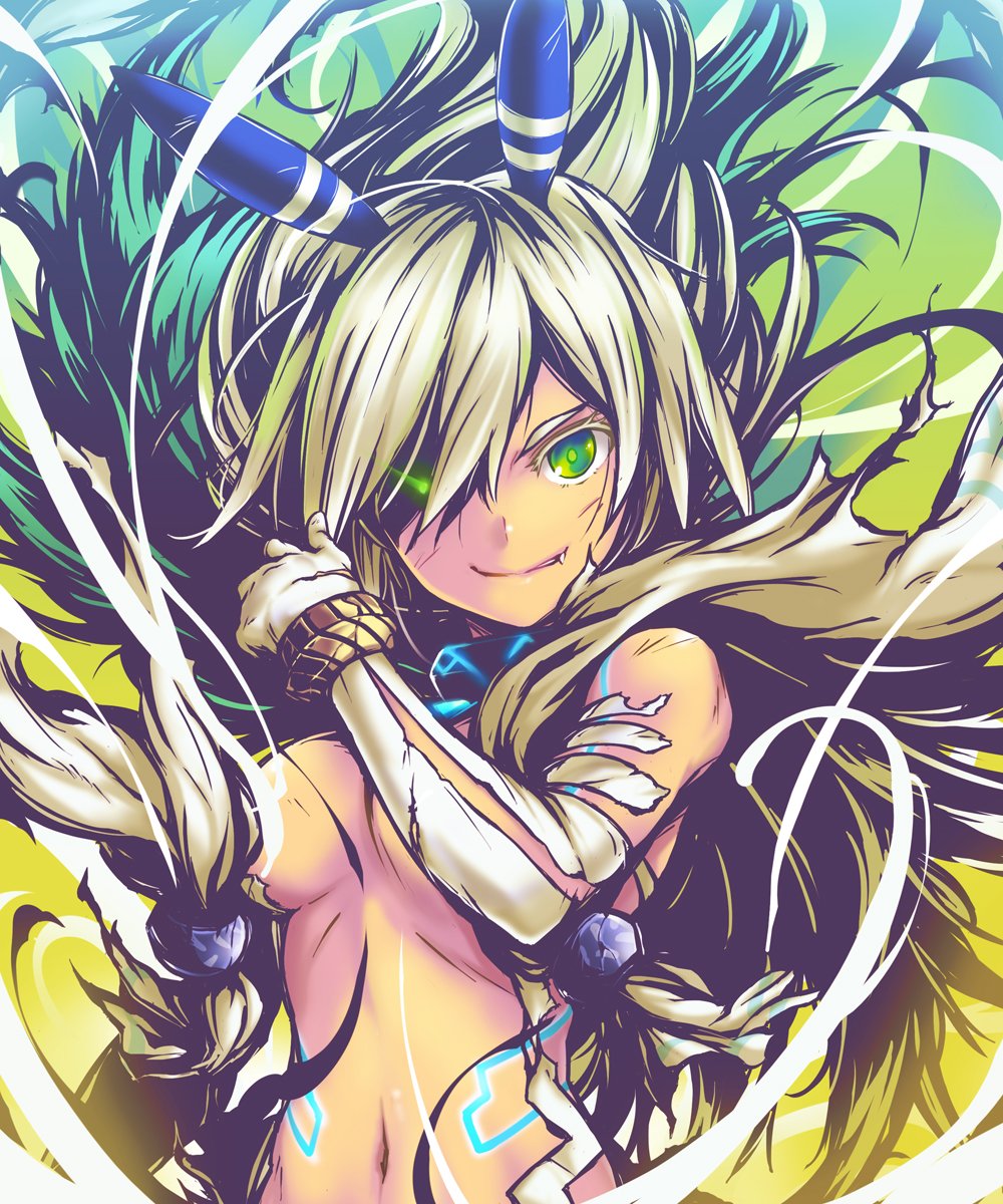 1girl, convenient_censoring, dark-skinned_female, dark_skin, elbow_gloves, fang, female_focus, gloves