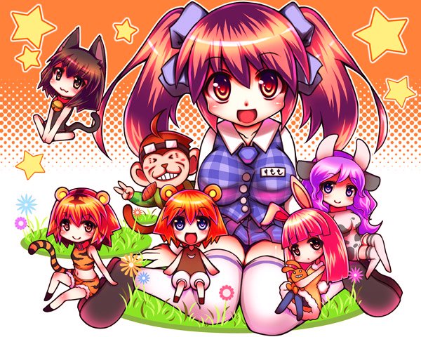 1boy, 5girls, animal_ears, animal_print, bear_ears, bell, bloomers, rabbit_ears