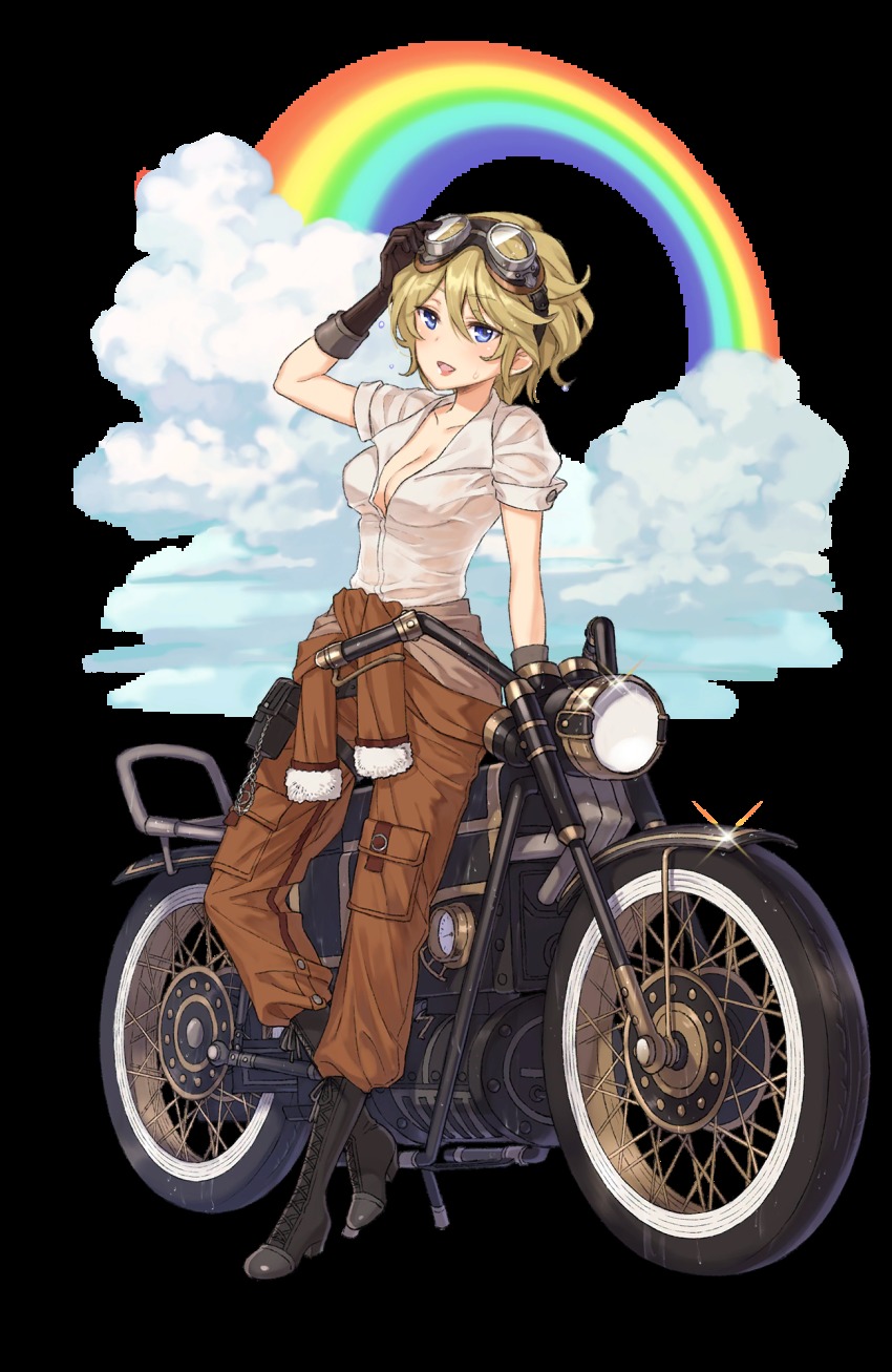 1girl, :d, artist_request, black_boots, black_gloves, blonde_hair, blue_eyes, boots