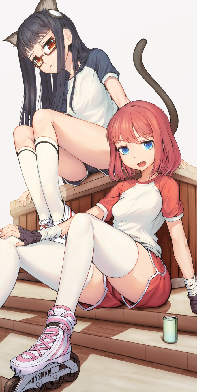 2girls, animal_ears, bandaged_arm, bandages, black_gloves, black_shorts, blunt_bangs, breasts