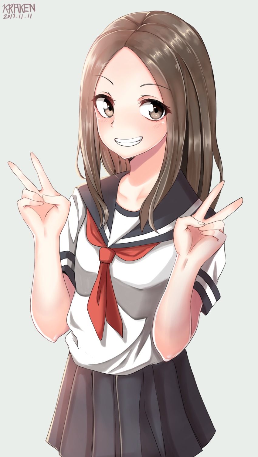 10s, absurdres, blouse, blush, brown_eyes, brown_hair, double_v, highres
