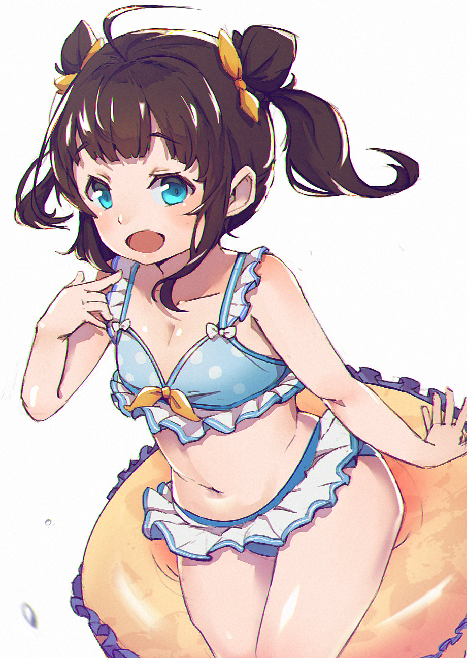 10s, 1girl, ahoge, bikini, bikini_skirt, blue_bikini, blue_eyes, brown_hair