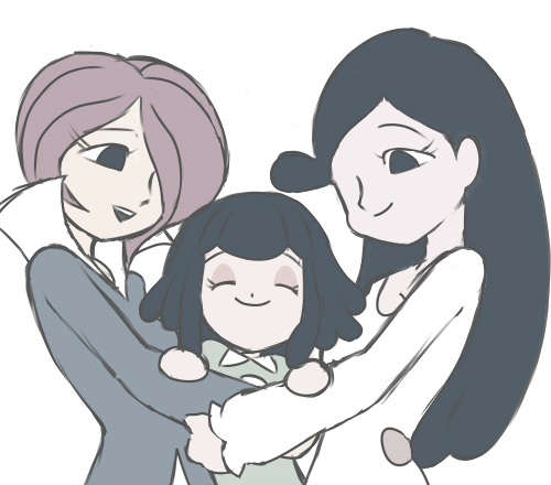 00s, 3girls, :d, ^_^, age_difference, arm_grab, bad_id, bad_pixiv_id