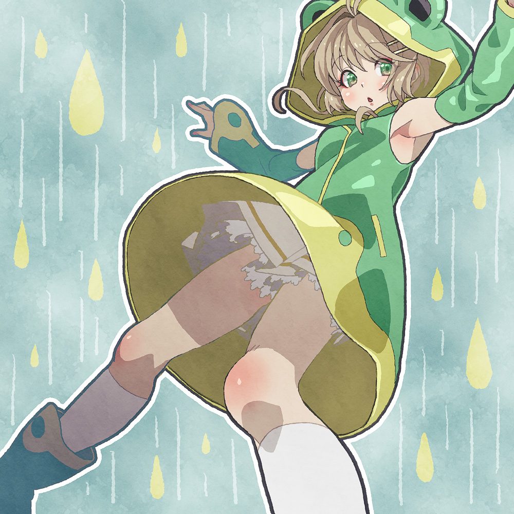 1girl, :<, animal_costume, animal_hood, aqua_background, brown_hair, cardcaptor_sakura, cardcaptor_sakura_clear_card_arc