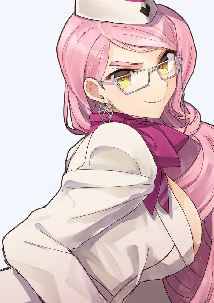 >:), 1girl, agsen, breasts, choker, commentary_request, earrings, eyewear_strap