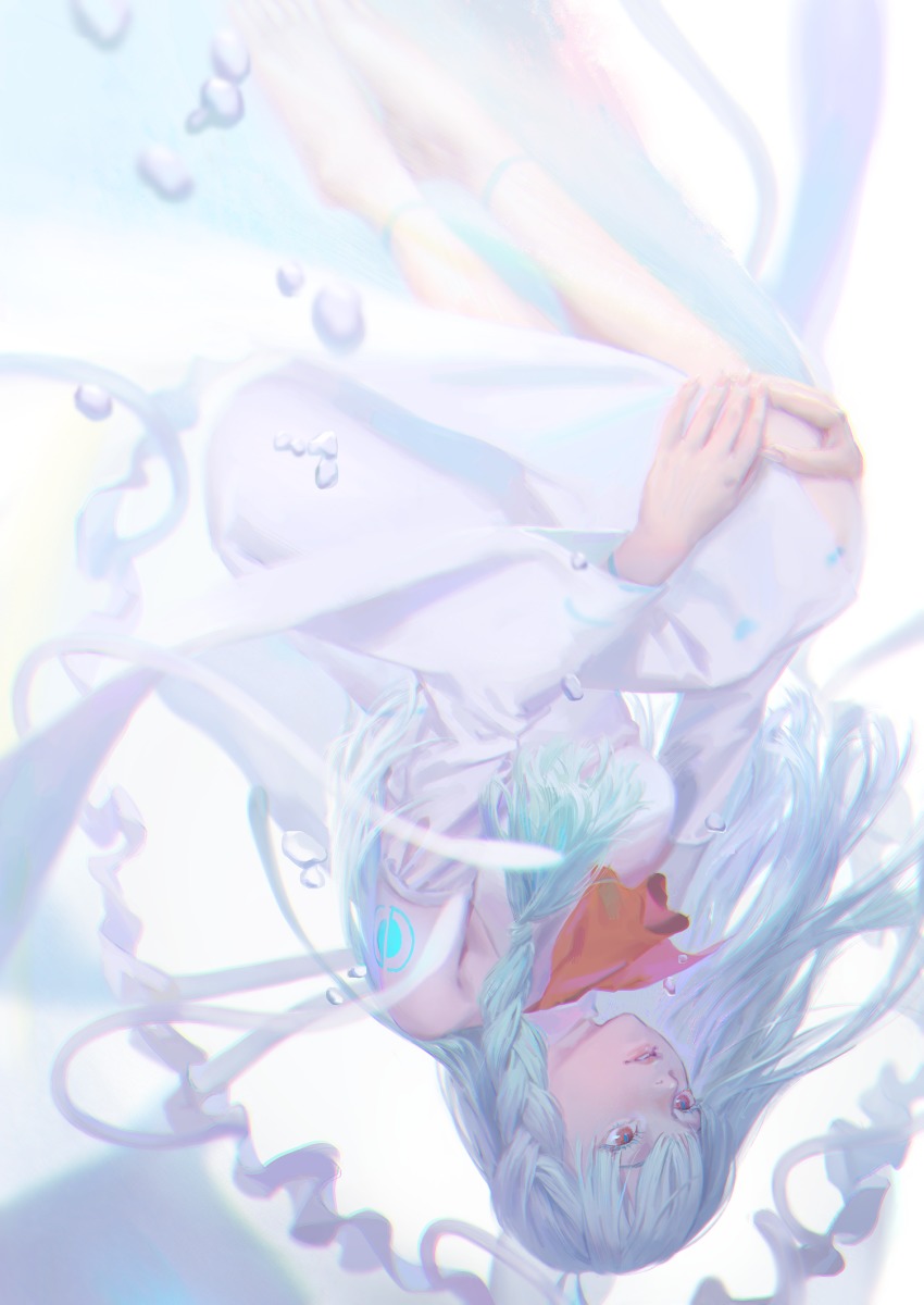 1girl, ascot, blue_dress, blue_hair, braid, commentary, dress, female_focus