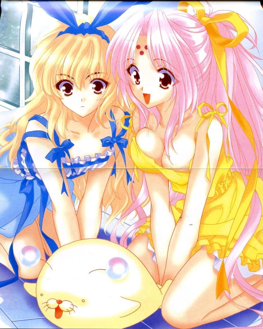 00s, 2girls, :d, alternate_hairstyle, antennae, arm_support, bare_arms, bare_legs, bare_shoulders, between_legs, blonde_hair, blue_dress, breast_press, breasts, cleavage, closed_mouth, crease, dress, ebi, ebi_(girls_bravo), expressionless, eyebrows_hidden_by_hair, eyes_visible_through_hair, facial_mark, flat_chest, forehead_mark, frilled_dress, frills, frown, fukuyama_lisa, girls_bravo, hair_between_eyes, hair_ribbon, hairband, happy, highres, indoors, kneeling, large_breasts, leaning_forward, long_hair, looking_at_another, mario_kaneda, medium_breasts, miharu_sena_kanaka, multiple_girls, o_o, official_art, on_floor, open_mouth, parted_bangs, pink_eyes, pink_hair, ponytail, ribbon, scan, scan_artifacts, seal_(animal), seiza, short_dress, sidelocks, sitting, sleeveless, sleeveless_dress, small_breasts, smile, staring, sundress, tile_floor, tiles, unaligned_breasts, v_arms, very_long_hair, window, yellow_dress