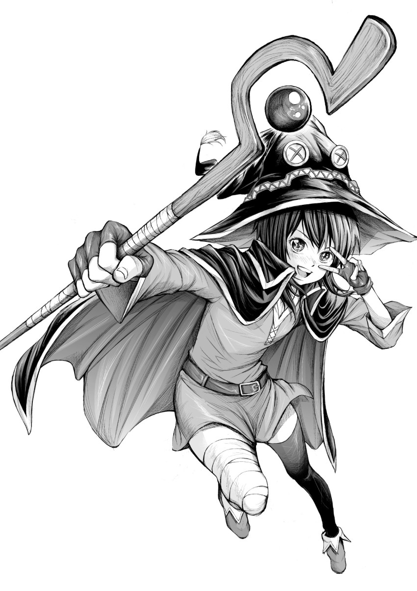 asymmetrical_legwear, bandaged_leg, bandages, belt, black_gloves, black_thighhighs, cape, collar, fingerless_gloves, gloves, greyscale, hat, highres, holding, holding_staff, kono_subarashii_sekai_ni_shukufuku_wo!, megumin, mismatched_legwear, monochrome, pocket32619, short_hair_with_long_locks, single_thighhigh, solo, staff, thighhighs, witch_hat