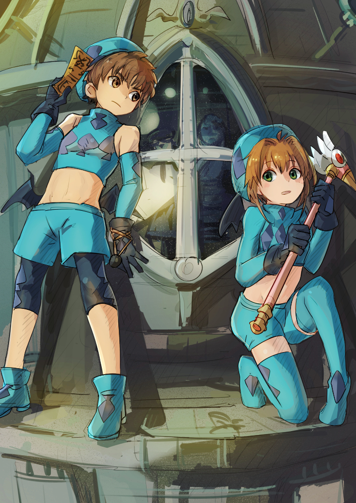 1boy, 1girl, alternate_costume, black_gloves, brown_eyes, brown_hair, cardcaptor_sakura, child