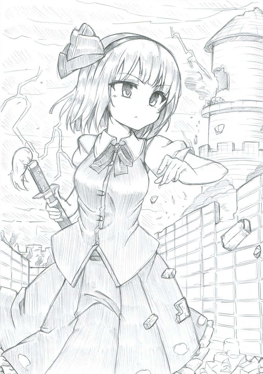 1girl, bow, bowtie, buttons, collar, collared_shirt, cowboy_shot, female_focus