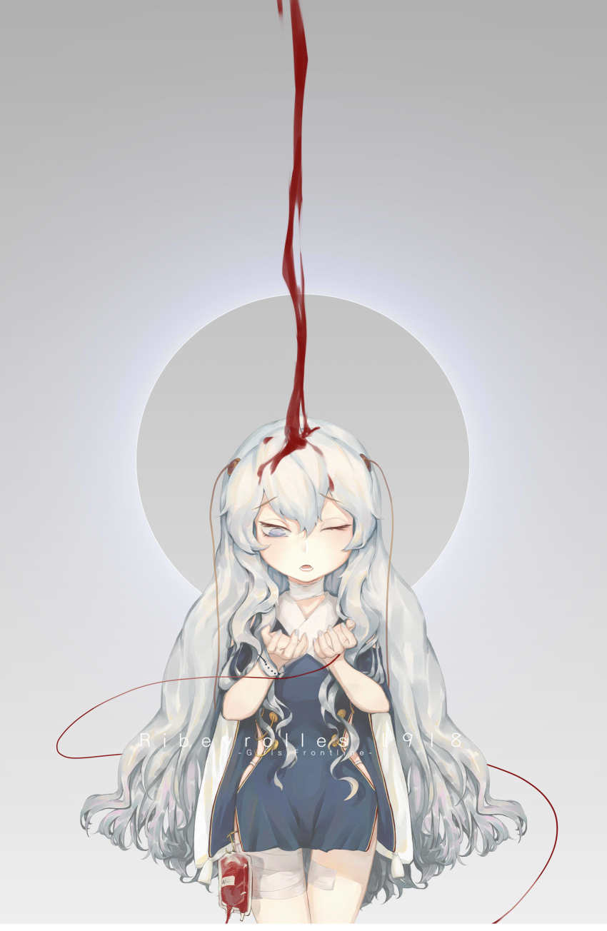 1girl, absurdres, bandaged_leg, bandaged_neck, bandages, blood, blood_bag, blood_drip
