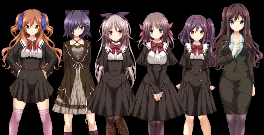 6+girls, akasabi_mikako, akasabi_risa, aoi_tori_(purple_software), aqua_eyes, argyle_clothes, argyle_legwear, arms_behind_back