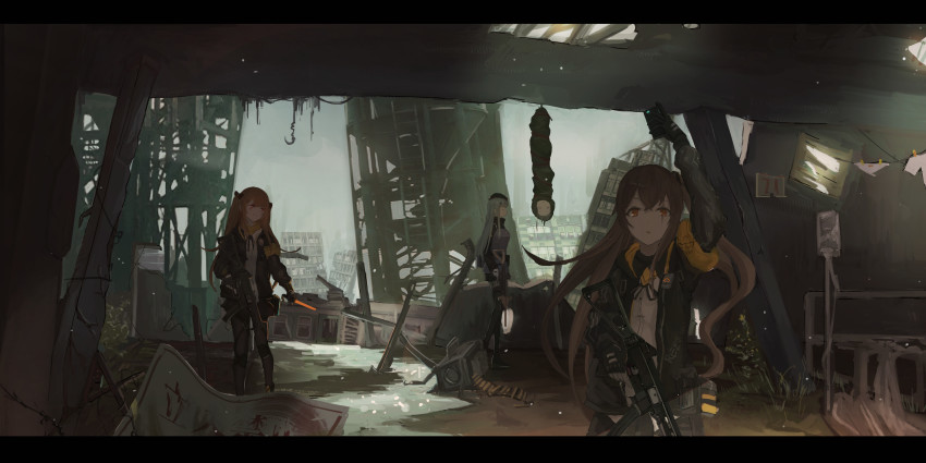 404_(girls'_frontline), 404_logo_(girls'_frontline), 4girls, absurdres, aerolite, ammunition_pouch, armband, assault_rifle
