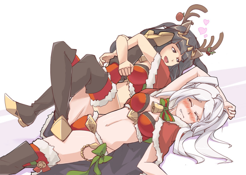 2girls, abs, bangle, bikini, black_hair, bracelet, breasts, christmas