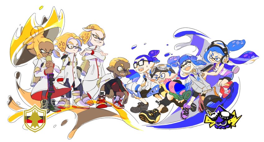 3girls, 5boys, absurdres, blonde_hair, blue_hair, bobble-chan_(splatoon), pom_pom_beanie, boots, dark-skinned_male, dark_skin, emperor_(splatoon), glasses, glasses-kun_(splatoon), goggle-kun_(splatoon), goggles, headphone-chan_(splatoon), headphones, highres, ink_tank_(splatoon), inkbrush_(splatoon), inkling, inkling_boy, inkling_girl, inkling_player_character, inoue_seita, jersey, multiple_boys, multiple_girls, nintendo, official_art, pointy_ears, prince_(splatoon), shoes, simple_background, slosher_(splatoon), sneakers, splatoon_(manga), splatoon_(series), splatoon_2, splattershot_(splatoon), squatting, squidkid_jr., white_background