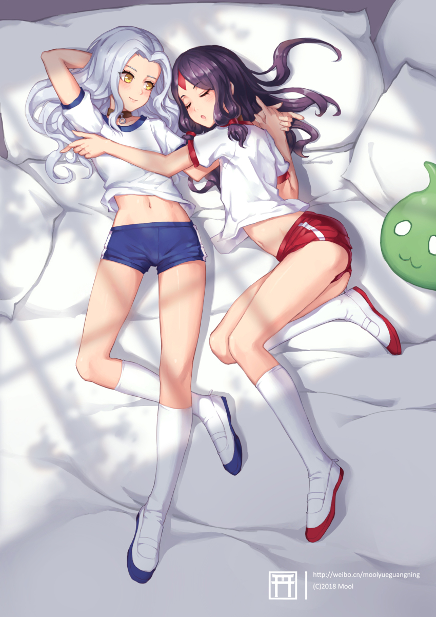 2boys, arm_behind_head, closed_eyes, closed_mouth, collar, couple, facial_mark, forehead_mark, from_above, full_body, gym_shorts, gym_uniform, hair_ribbon, highres, holding_hands, kneehighs, long_hair, looking_at_another, lying, male_focus, midriff, mool_yueguang, multiple_boys, navel, on_back, on_side, onmyoji, onmyouji, open_mouth, pillow, purple_hair, ribbon, shirt, shoes, shorts, sleeping, socks, trap, tress_ribbon, uwabaki, white_hair, white_legwear, white_shirt, yaoi, yellow_eyes